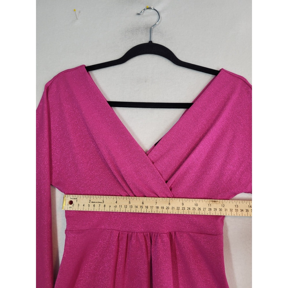 Y2K Express Pink Metallic Empire Waist V-Neck 3/4 Sleeve VBack Shimmer Top S New - Picture 6 of 9